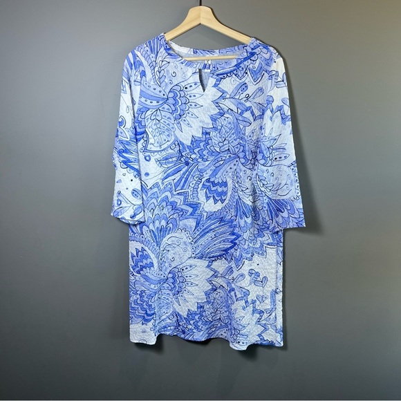 Ethyl Blue and White Floral Shift Dress Size Large - Picture 1 of 10